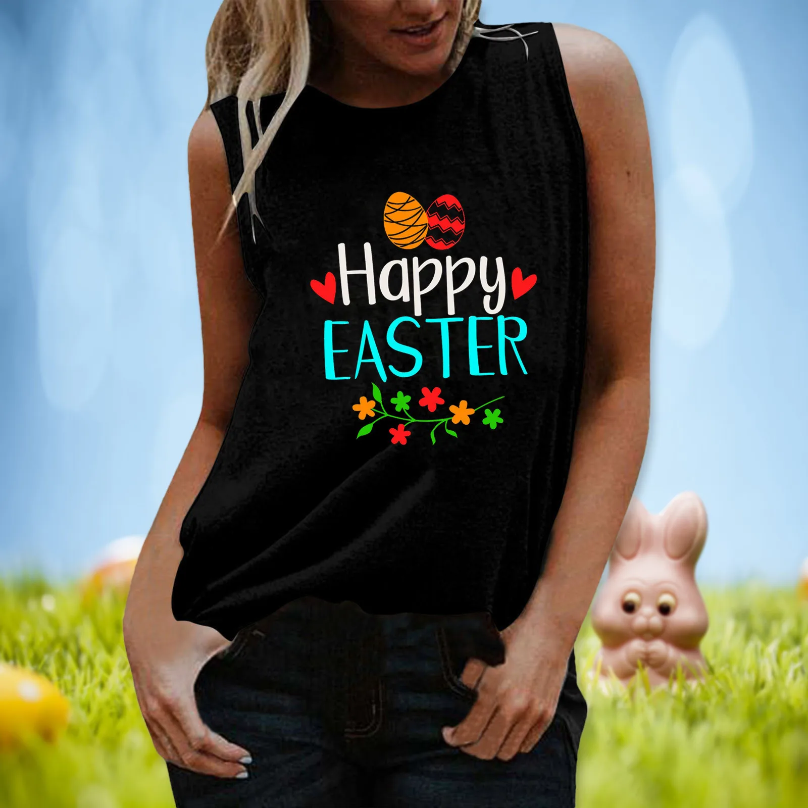

Женская футболка с надписью Happy Easter, топ без рукавов, футболка с круглым вырезом, майка, футболки, блузка, повседневные майки, женская летняя ...