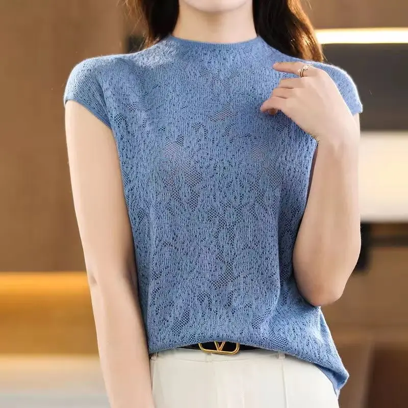 

2023 Summer New Hollow Out Wool Short Sleeve Women's Round Neck Loose Knitted Small Fragrance Wrap Shoulder Thin Sleeveless Tank