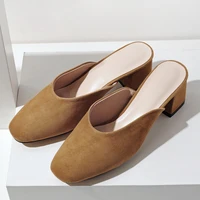 newcurve mules for women kid suede round toe thick heels high heels slip on loafer slingback backless casual slippers