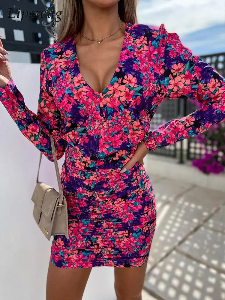 

Женское летнее Мини-Платье с V-образным вырезом, элегантное облегающее офисное платье с драпировкой и цветочным принтом