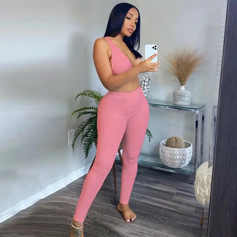 Solid Two Piece Sets Women Outfits Sexy V Neck Vest Crop Top High Waist Leggings Pants Highly Stretchy Tracksuit Female Set