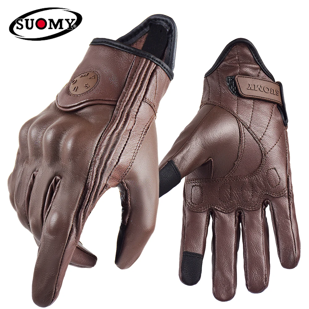 

SUOMY Leather Motorcycle Gloves Men Women Retro Black Brown Leather Motorbike Motocross Racing Gloves Moto Biker Cycling Gloves