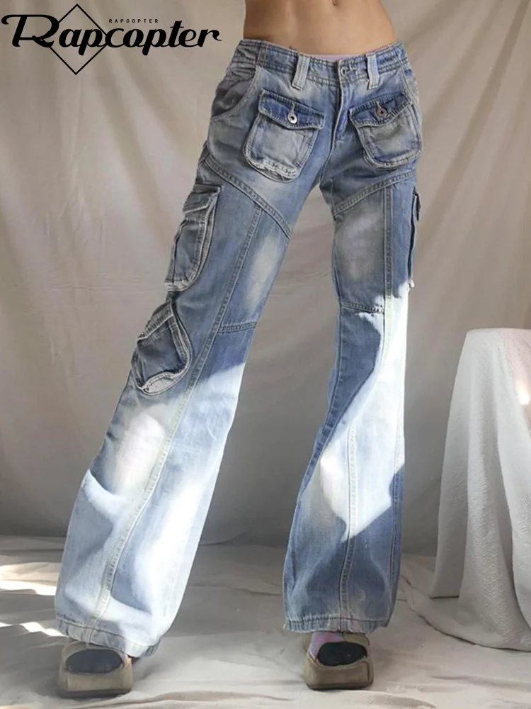 

Джинсы-карго в стиле ретро с большими карманами, синие потертые расклешенные брюки с низкой талией, женские брюки в Корейском стиле, модные ...
