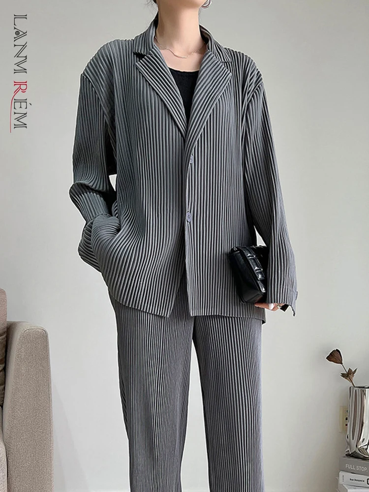 LANMREM Pleated Blazer Coat For Women Solid Color Notched Long Sleeve Single Breasted Female Fashion Clothes 2023 Spring 2R6984
