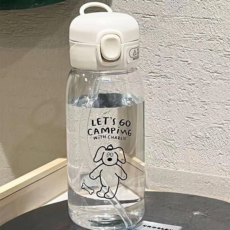 

600ML Cartoon Water Bottle with Straw Cute Plastic Drinking Bottle Portable Leak-proof Drinkware for Drink Milk Coffee BPA Free