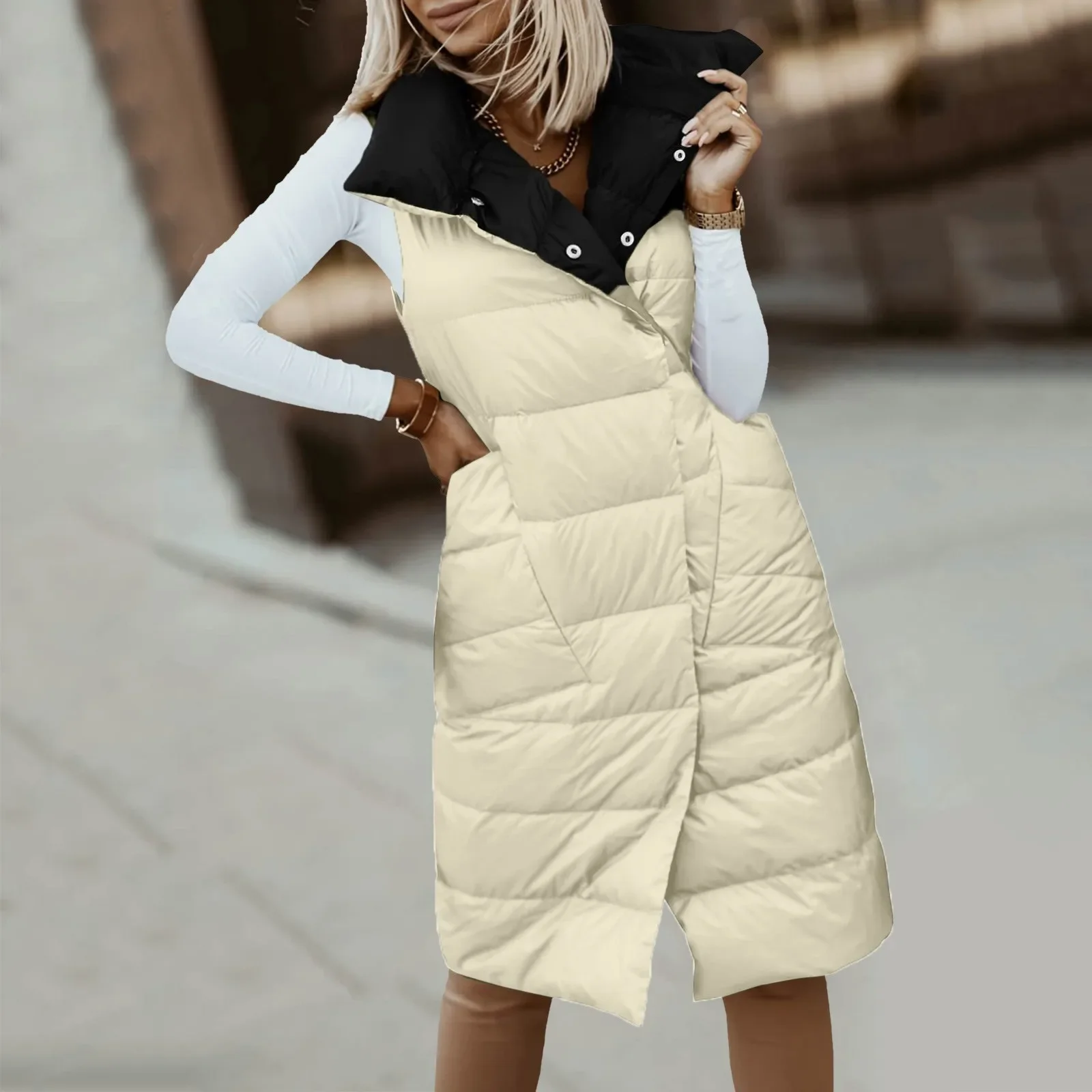 

New in Padded Puffer Outerwear Casual Parkas Vest Women Long Lapel Button Down Padded Sleeveless Vest Long Jackets Chic Coats