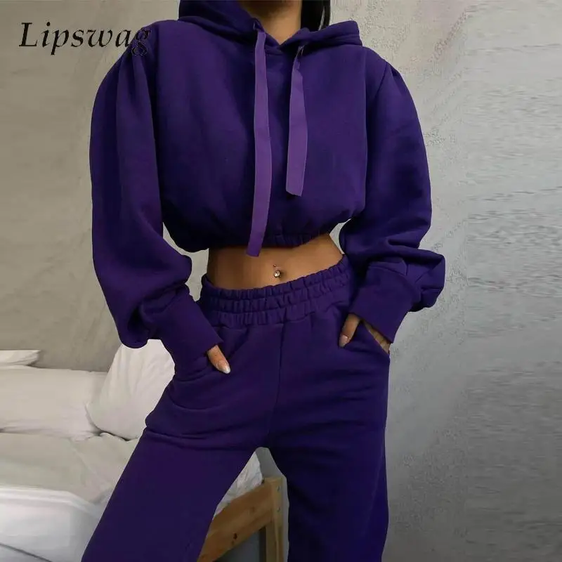 

Women Solid Color Sports Set New Drawstring Hooded Sweatshirt And Long Pants Set Autumn Solid Color Casual Tracksuit 2 Piece Set