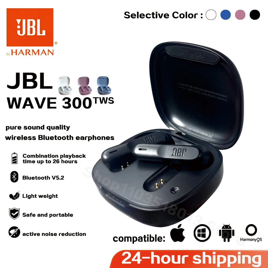 Фото Оригинальные беспроводные наушники JBL Wave 300 TWS, Bluetooth-наушники W300, спортивные наушники с басовым звуком и микрофоном, с бесплатным чехлом №1