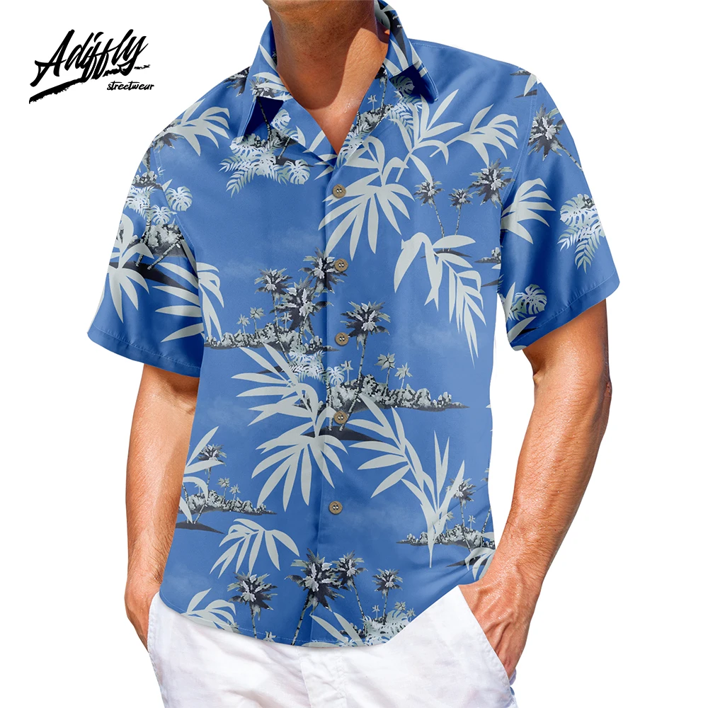

Повседневная рубашка Adiffly с рисунком фламинго, тропические растения, 3D модный Гавайский Топ с воротником-стойкой и коротким рукавом для муж...