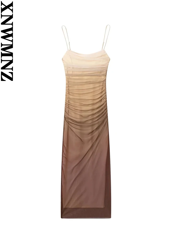 

XNWMNZ women printed tulle dress Feminine chic straight neckline adjustable thin straps Beach midi dress