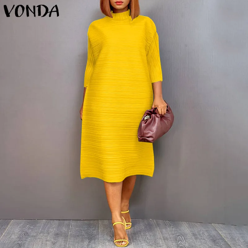 

Loose Dress VONDA Women High Neck Office Midi Dress 2022 Vintage Side Slit 3/4 Sleeve Solid Vestido Feminina Mid-Calf Robe