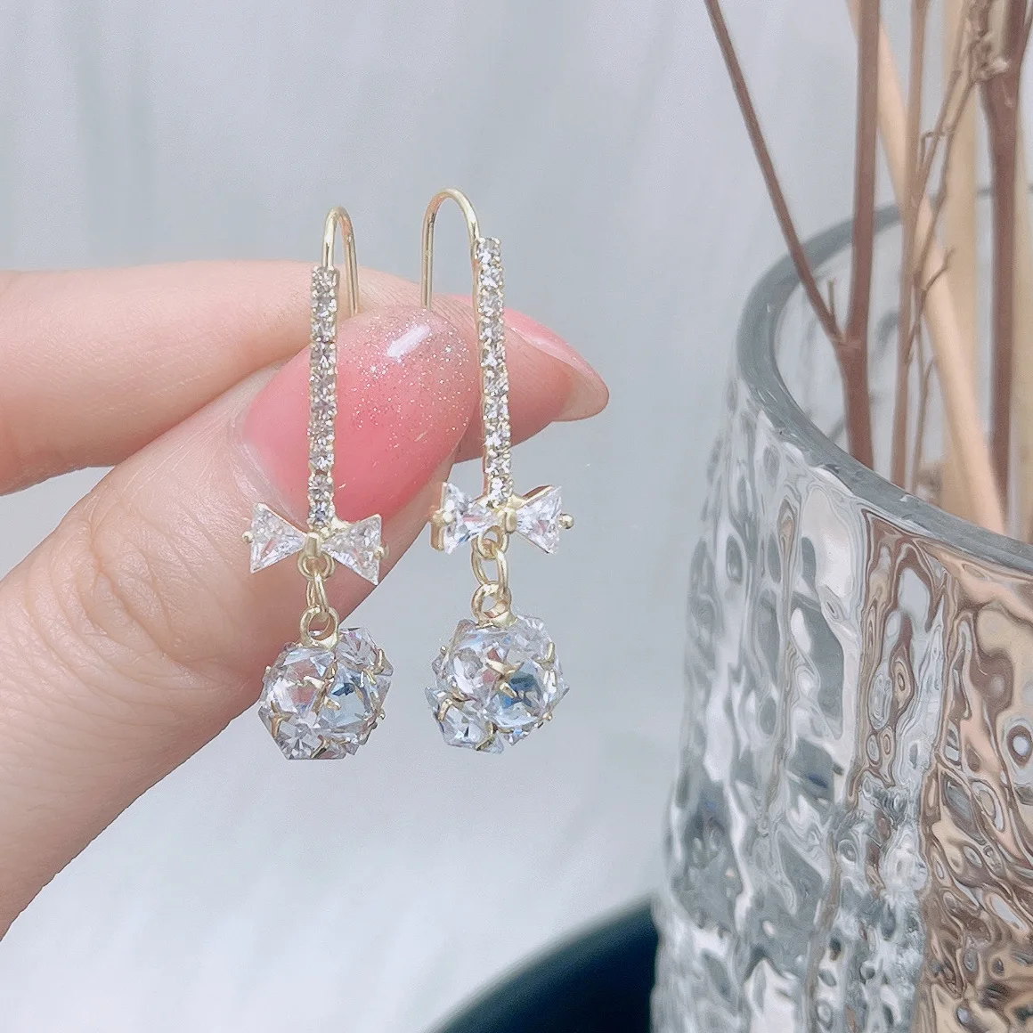 

925 Silver Needle Live Broadcast Gentle Wind Bow Zircon Earrings Full Drill Ear Hook Zircon Ball Pendant Earrings