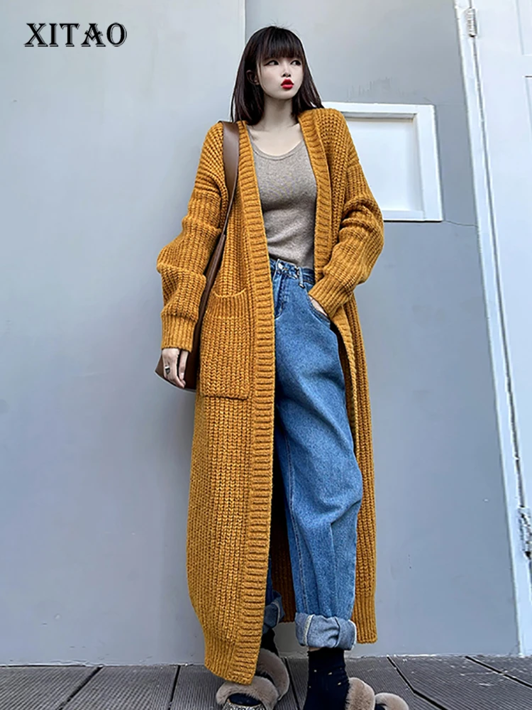 

XITAO, однотонный винтажный вязаный кардиган, модный простой Свободный Повседневный женский длинный свитер, пальто, новинка зимы 2022, SMH1235