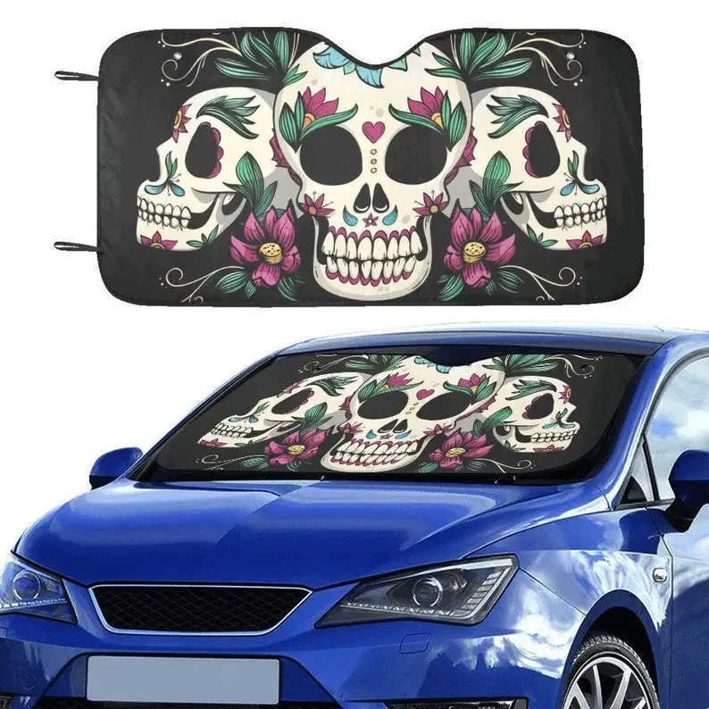 

Sugar Skull Windshield Sun Shade, Day of the Dead Flowers Car Accessories Auto Vehicle Cover Protector Window Visor Screen Decor
