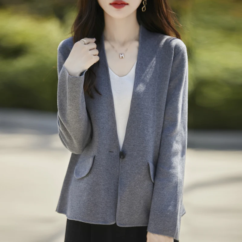 Свитер из смесовой шерсти кардиган вязаная куртка с v-образным вырезом и длинными