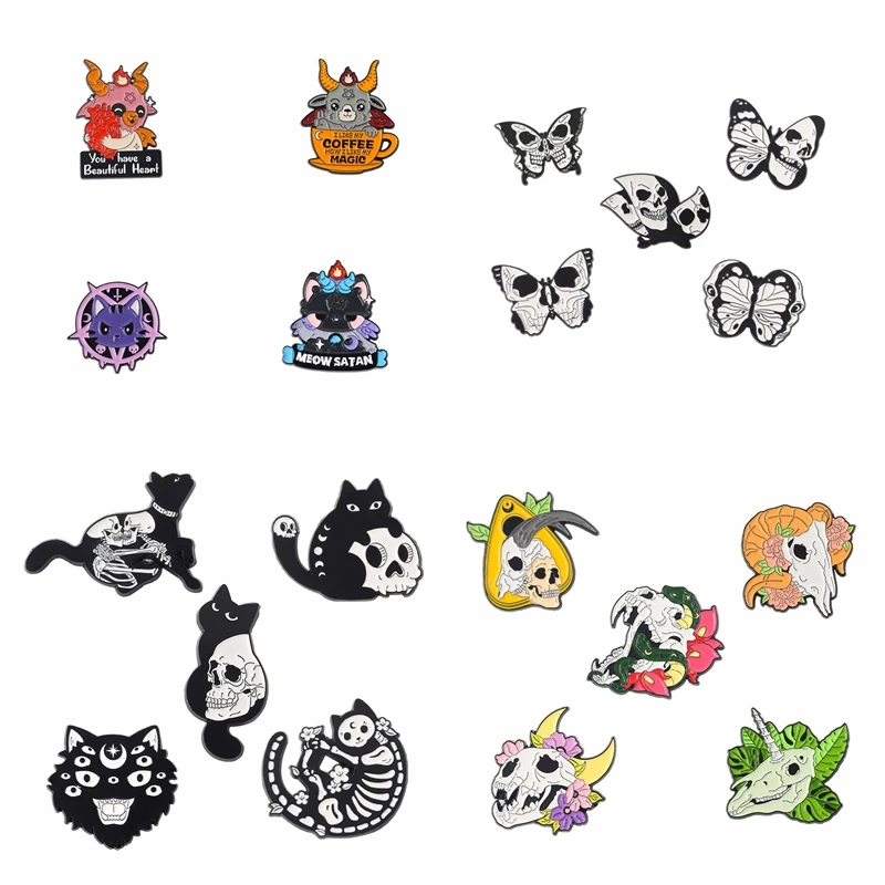 Эмалированные булавки в стиле панк готика скелет кошка Бабочка сатана броши