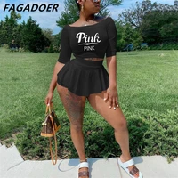 fagadoer sexy two piece set wome pink letter print summer clothes half sleeve crop top a line mini skirt matching sets outfits