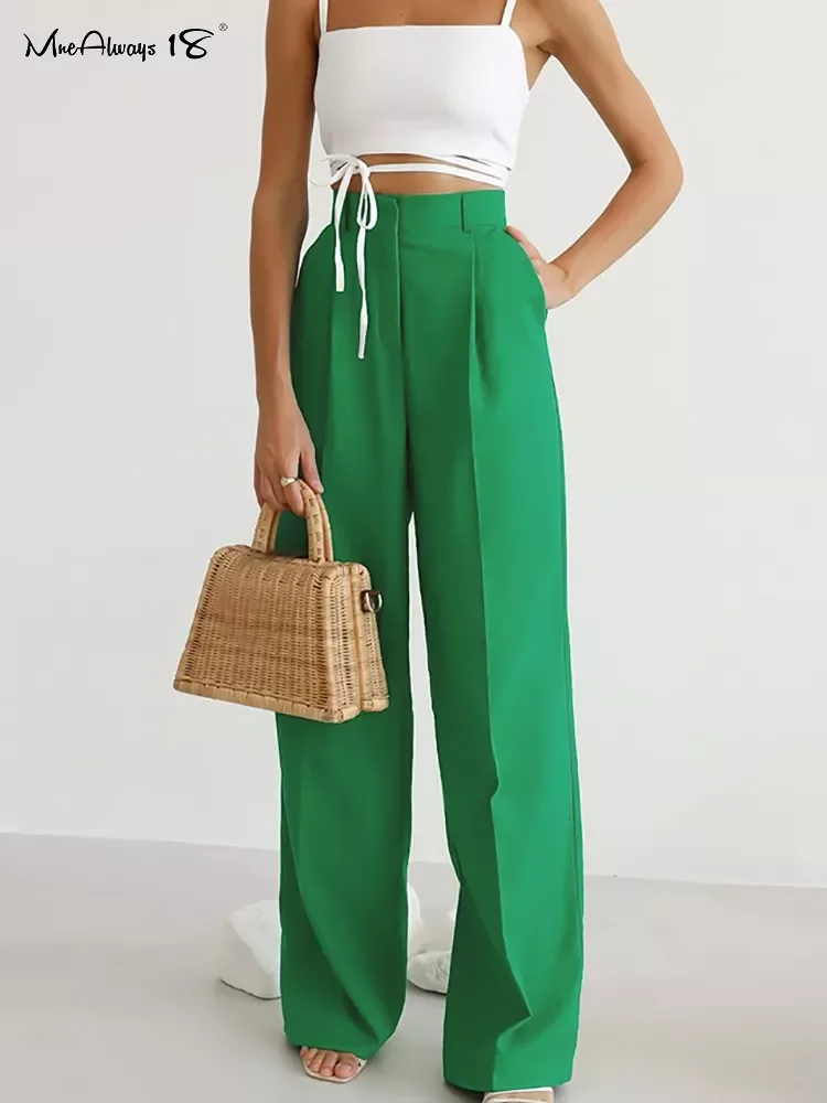 

Mnealways18 Pleated Elegant Wide Leg Pants Women High Waist Floor-Length Palazzo Trousers With Pocket Fashion Lady ​Office Pants