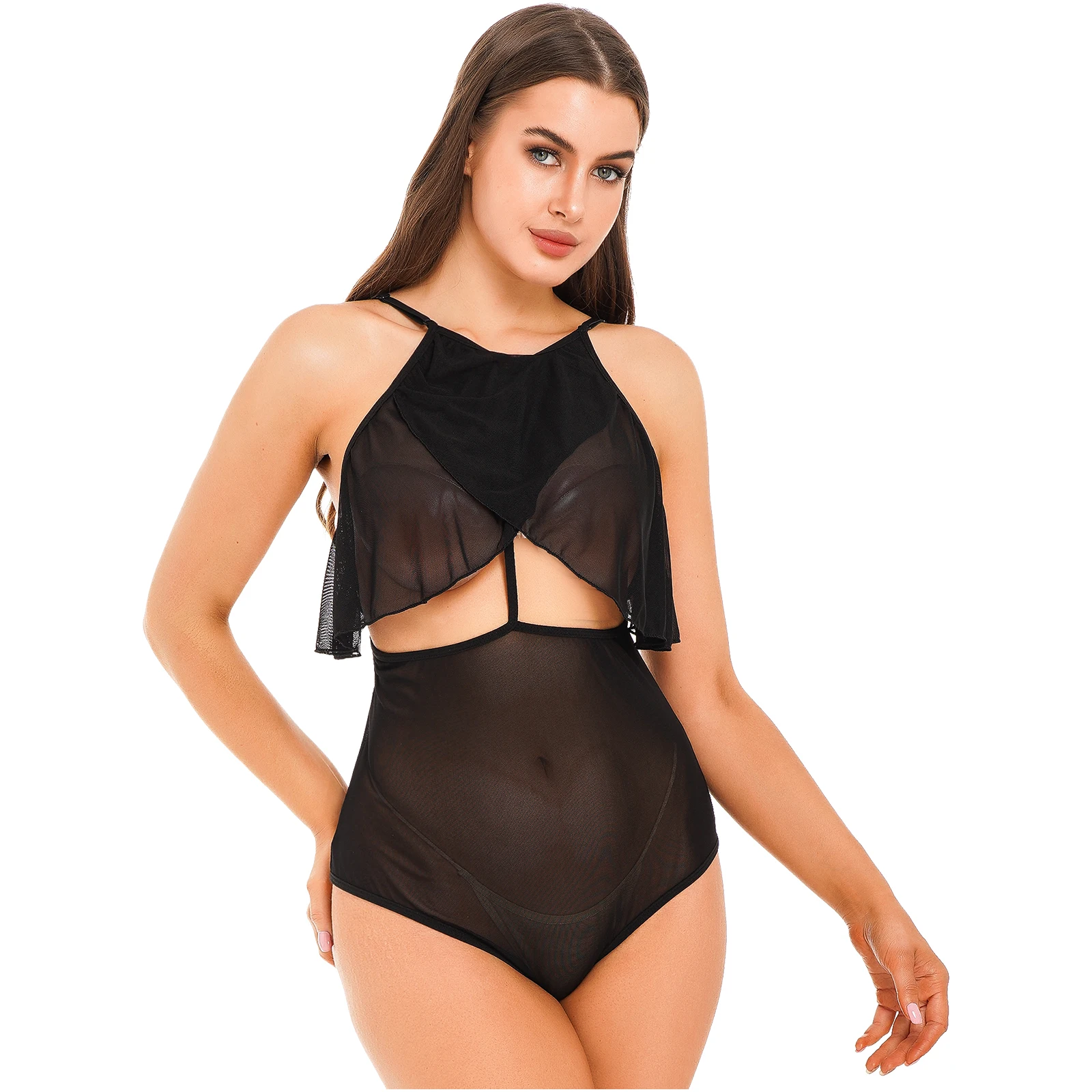 

Womens Cutout Sleeveless Bodysuit See-through Mesh Catsuit Keyhole Back High Cut Leotard Lingerie Nightwear Bodysuit