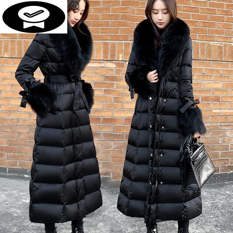 

Down 2023 New Winter Jacket Women's Slim Waist Long Down Jacket Femal Thickened Warm Fur Collar 90 White Duck Down Coat Ladies F