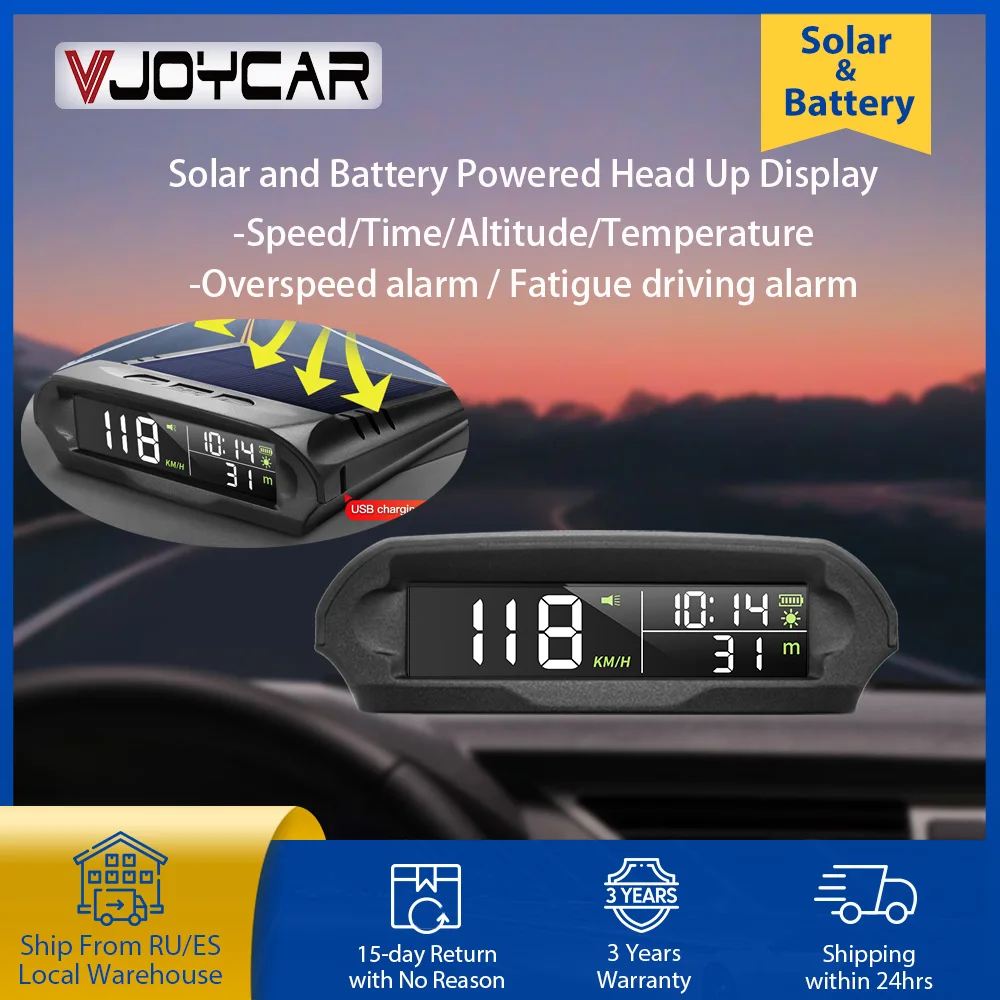 VJOYCAR S98 Universal Car Wireless HUD Display Digital GPS Speedometer with Solar Charged Over-speed Alarm Car's Temp. Altitude