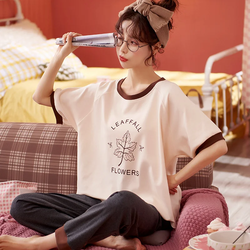 2022 new style pajamas women's summer short sleeved trousers pure cotton  cartoon cute girls can wear home clothes in summer