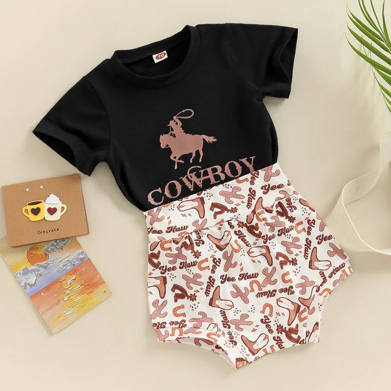 

Infant Baby Boys Clothes Short Sets Summer Outfits 2023 Cowboy Short Sleeve T-shirt and Cactus Casual Shorts Set 0 to 3 Years