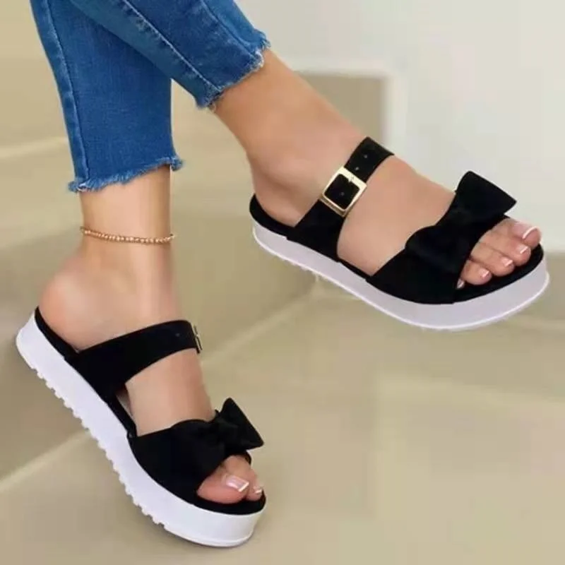 

Slippers Women Summer New 2022 Fashion Bow Flats Platform Sandals Woman Open Toe Flip Flops Outdoor Casual Beach Shoes Female