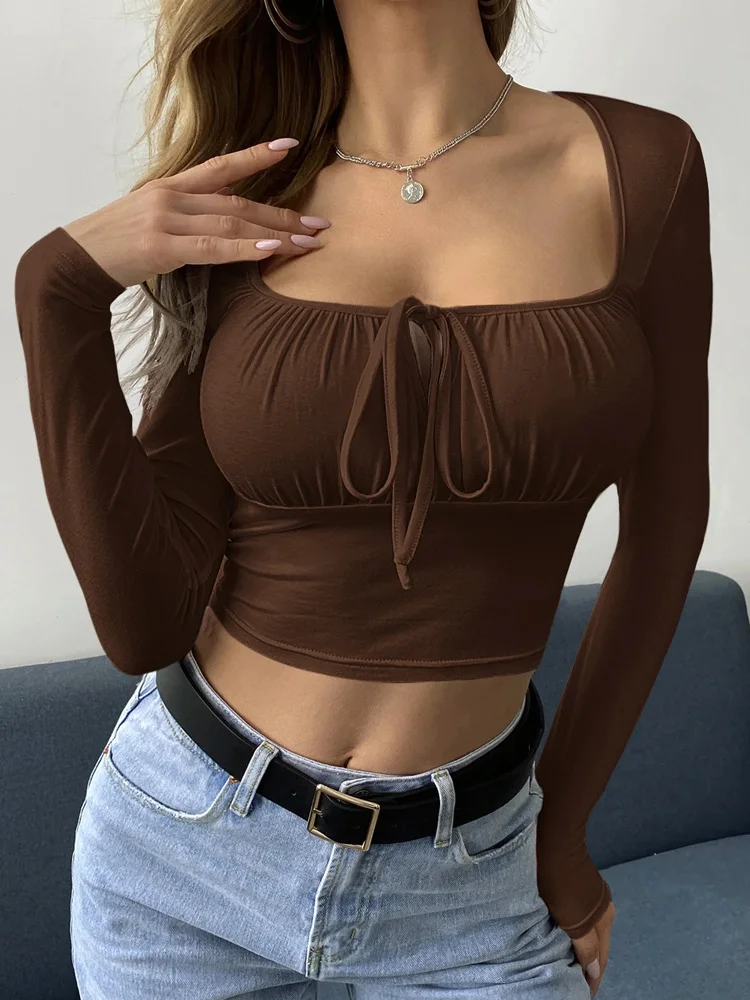 

Women Tie Front Ruched Bust Crop Top Square Neck Drawstring Tee Long Sleeve Sexy Tops T Shirts Streetwear Blouse Y2K Solid