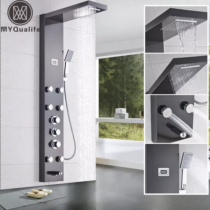 

Waterfall 6pc Massage Jets Rain Shower Column Thermostatic Mixer Shower Faucet Tower W/Hand Shower Tub Spout Black Shower Panel