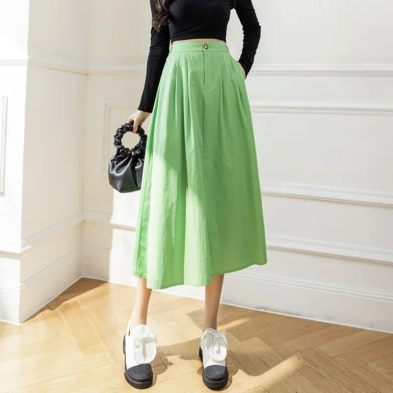 

Summer Korean Fashion Button Woman Skirts A-LINE Green Office Lady Long Skirt Solid Skyblue Midi Skirt White Pleated Maxi Skirt