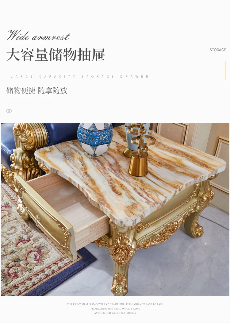 

European-style Natural Marble Solid Wood Carved Sofa Corner Side Cabinet Luxury Living Room Coffee Table Paint