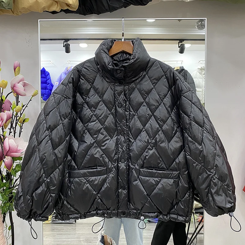 Fashion Women's Short Coat Thin Velvet Loose Casual Jacket Korean Style Loose Stand-up Collar Diamond White Duck Down Jacket