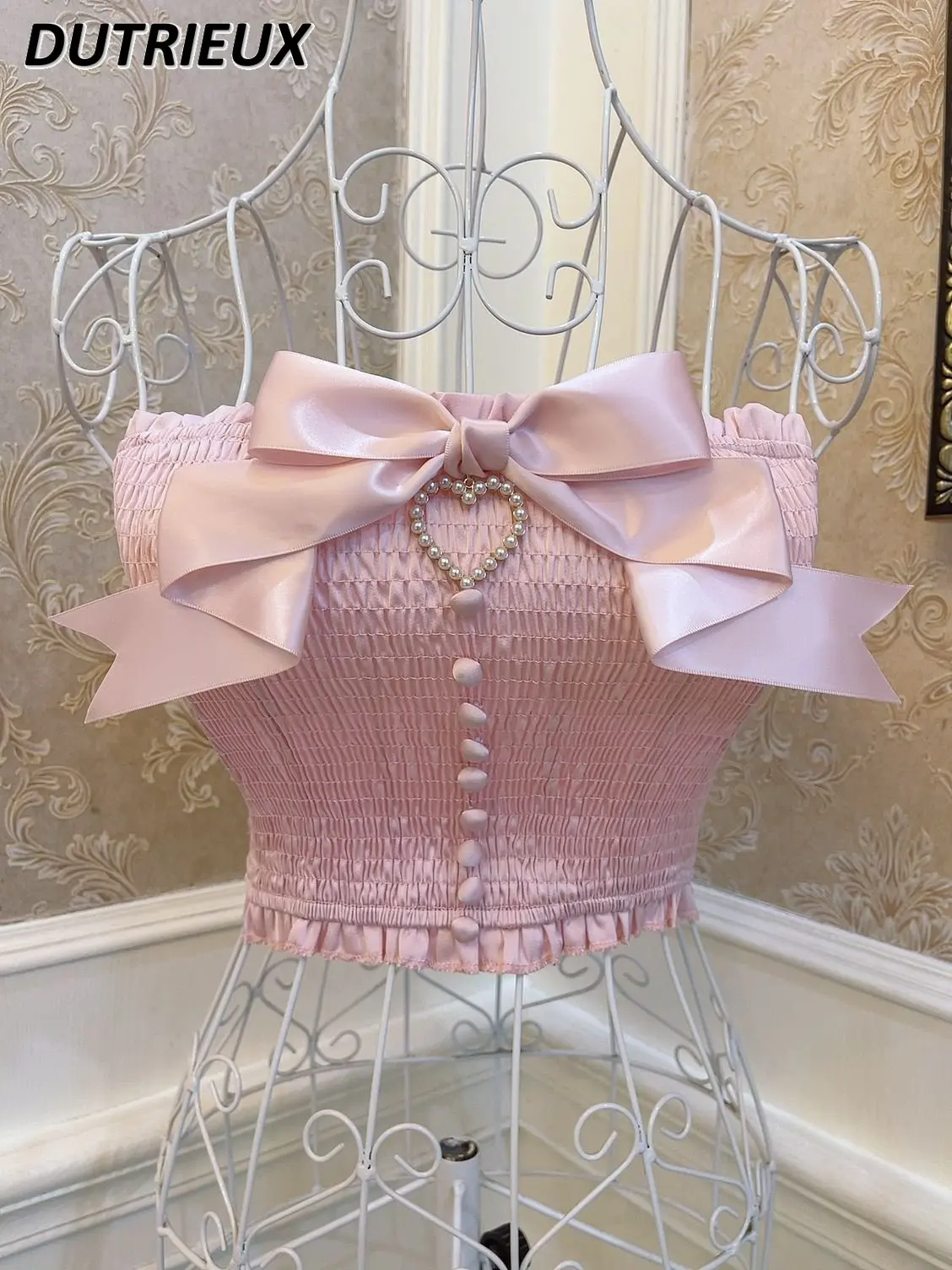 

Укороченные топы в стиле "Лолита", индивидуальный ретро, Милая принцесса, жилет с бантом, жемчужинами и деревянными ушками, облегающий короткий топ для похудения