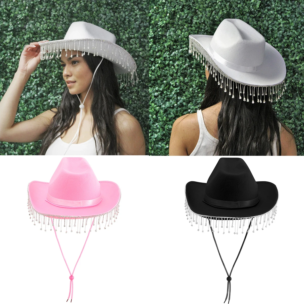 

Women Bridal Cap Fringe Western Cowboy Cowgirl Party Hat with Drawstring Fashion