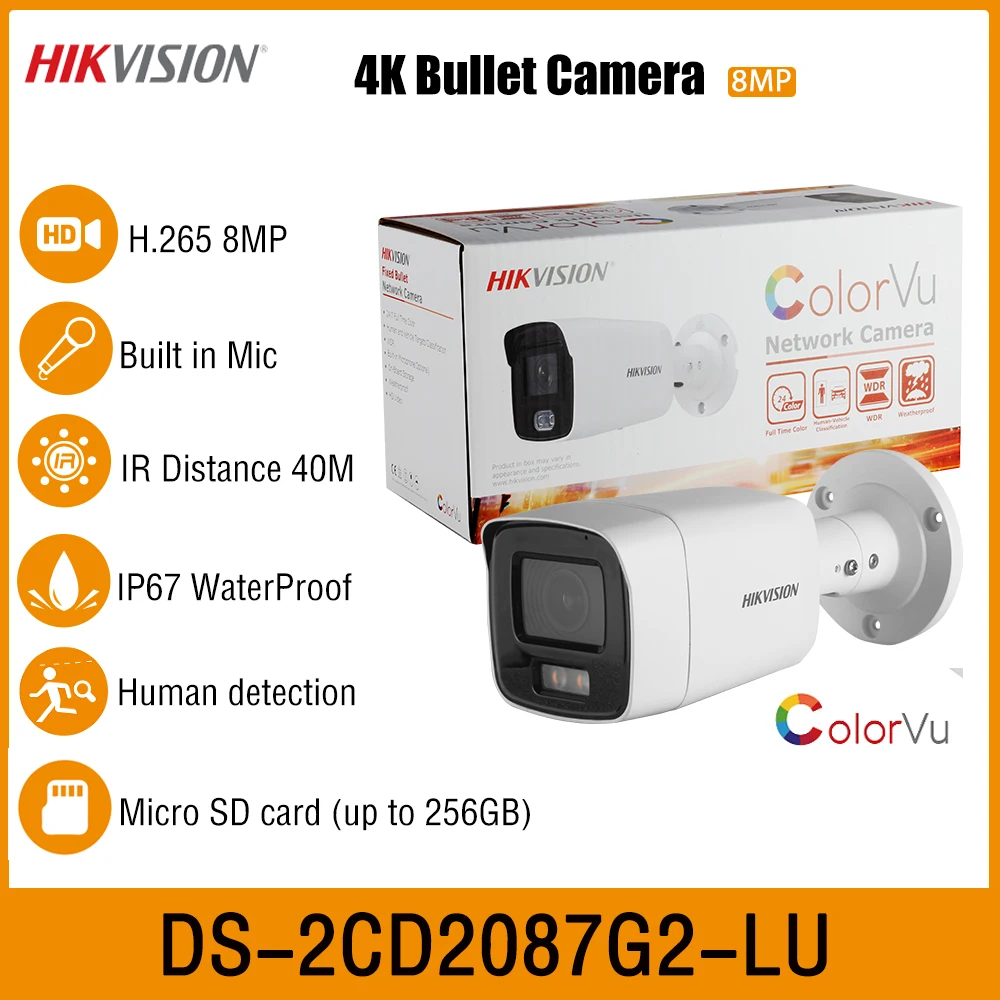 

Hikvision DS-2CD2087G2-LU 4K ColorVu 8MP IR40M Full Color Bullet Network Security PoE Camera Built-in Mic IP67 Motion Detection