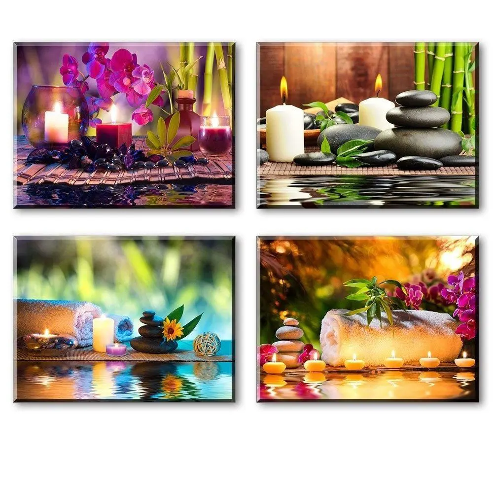 

4 Pieces Zen SPA Stone Green Bamboo Purple Orchid Massage Posters Canvas Wall Art Pictures Home Decor Paintings for Living Room