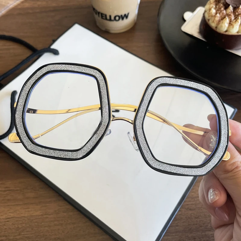 

Irregular Oversized Crystal Anti-blue Light Eyeglasses For Women New Fashion Alloy Glitter Powder Glasses Frame Computer Shades
