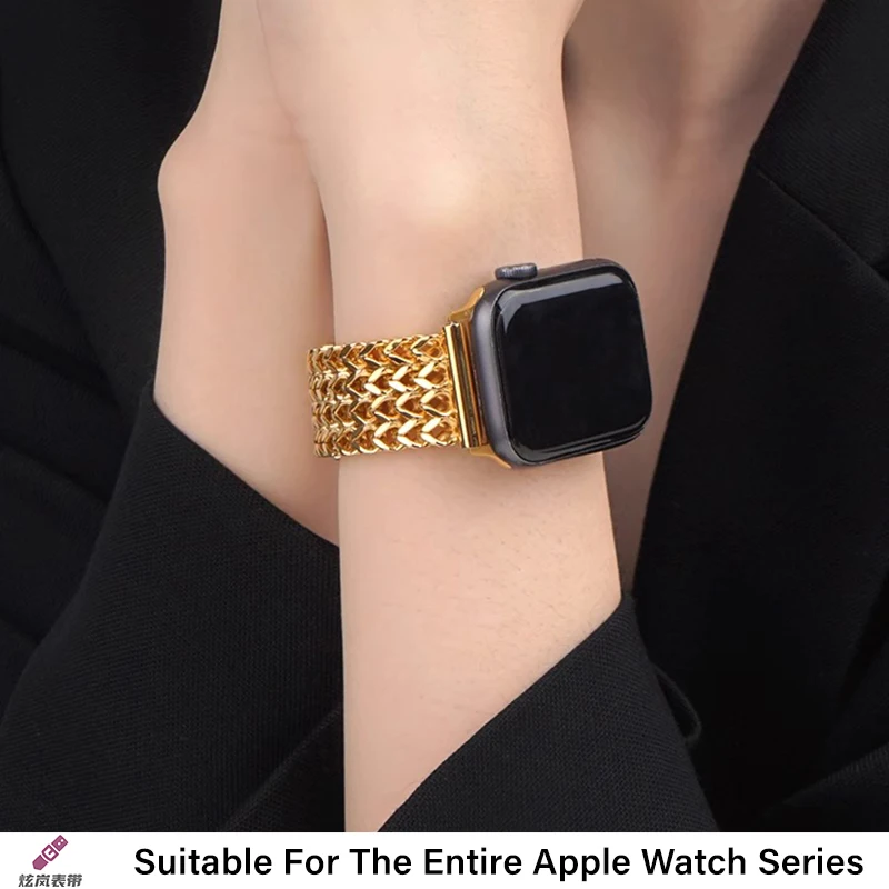 Фото Роскошный ремешок из нержавеющей стали для Apple Watch 9 8 7 6 SE 5 3 45/44/42/41 мм, металлический плетеный браслет Correa iWatch Ultra 49 мм 40 38 мм №2