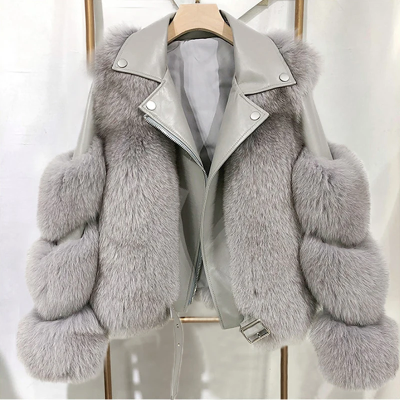 Women Faux Fur Coat with Fox Fur Winter Fashion 2021 New Motocycle Style Luxury Fox Fur Leather Jackets Woman Trendy Overcoats