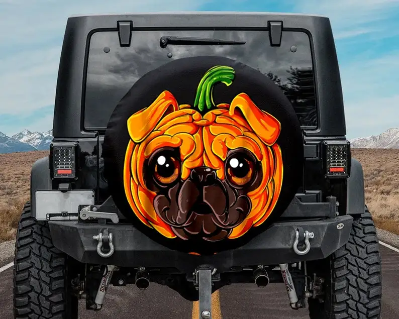 

Чехол Pugkin для запасной шины на Хэллоуин, чехол для запасной шины на костюм мопса на Хэллоуин для Jeep, забавные подарки на джип, резервная камера или нет