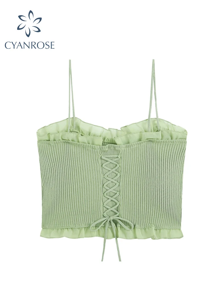 

Women's Sweet Lace Patchwork Knitted Crop Top Spring Sleeveless Backless Slim Tank Top Korean Y2K Sexy Off Shoulder Short Camis