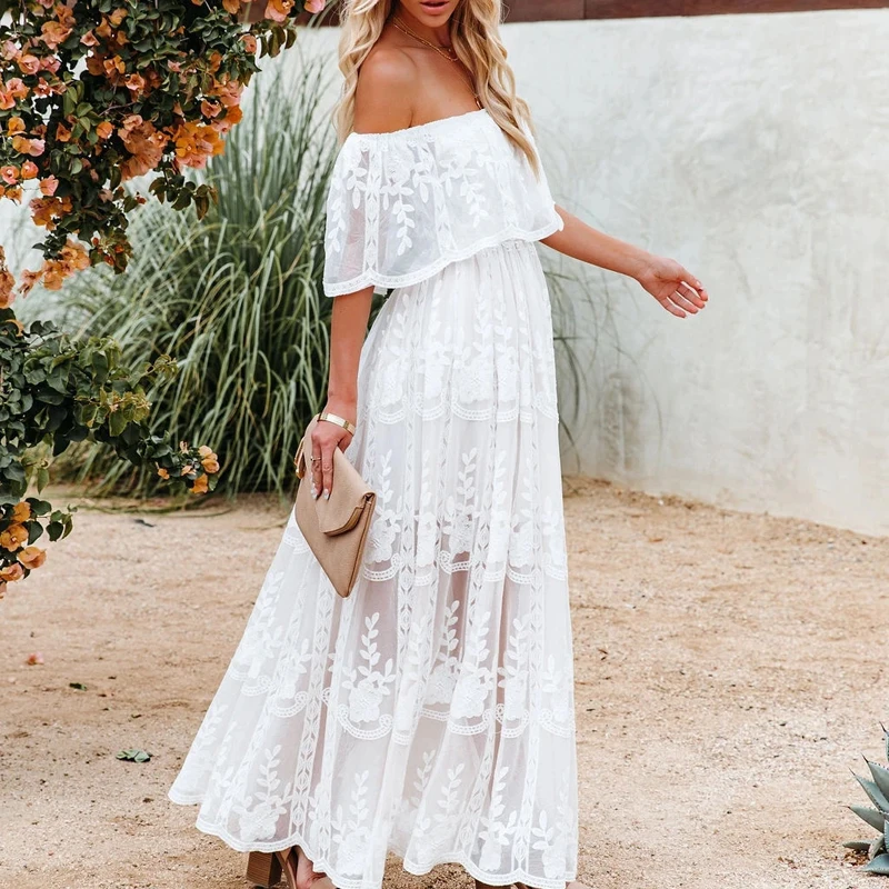 

White Lace Baby Shower Dress for Women Pregnant Woman Shoulderless Ruffles Maternity Gown Elegant Maternity Evening Dress