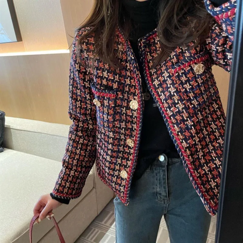

Elegant Weave Plaid Women Blazer Pocket Plus Velvet Winter Causal Tweed Coat Office Ladies Suit Jacket