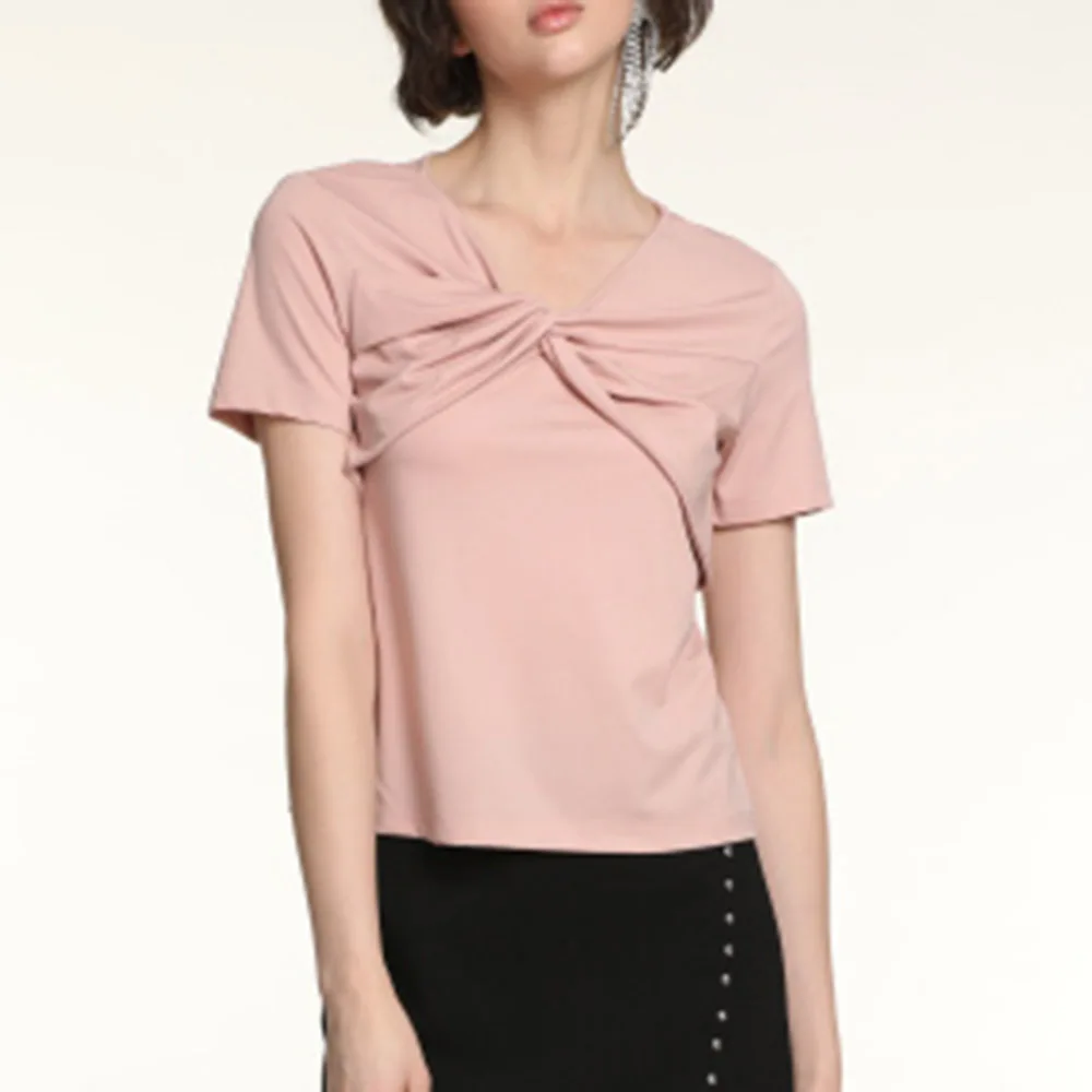 

T-Shirt Short Sleeve Polyester 2021 New Style Micro-Elastic Plain Regular Pleated Patchwork Suit Sweet Youthful