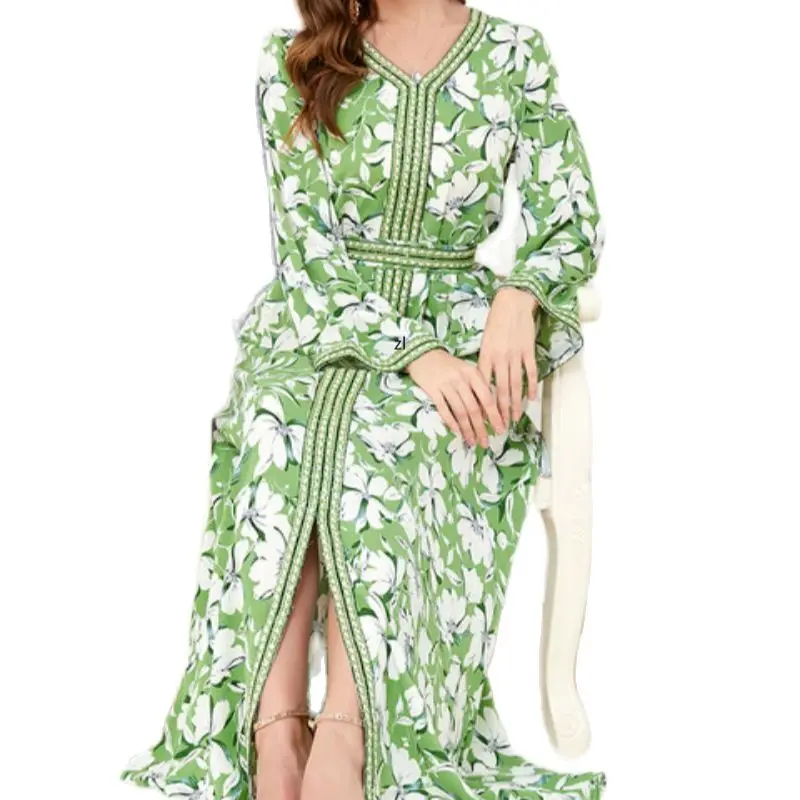 Abayas For Women Long-Sleeve Dresses Ethnic Flower Print Sequins Lace Tape Muslim Dress Kaftan Jebba Traditional Arabic Woman