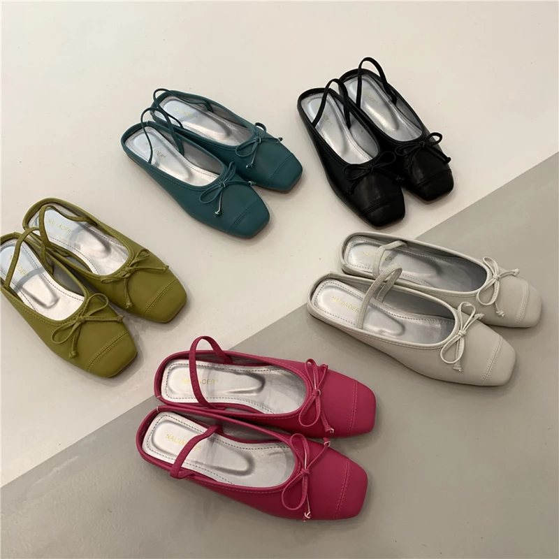 

Fashion Candy Color Women Mule Shoes Shallow Slip On Ladies Close Toe Slipper Flat Heel Casual Outdoor Sandal Sweet Bow Tie Slid