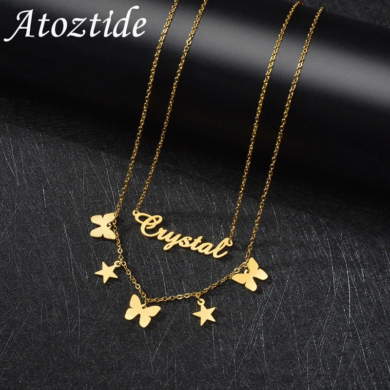 

Atoztide Custom Name Necklace Star Butterfly Choker Stainless Steel Letter Gold Double Layers Pendant Jewelry for Women Gift