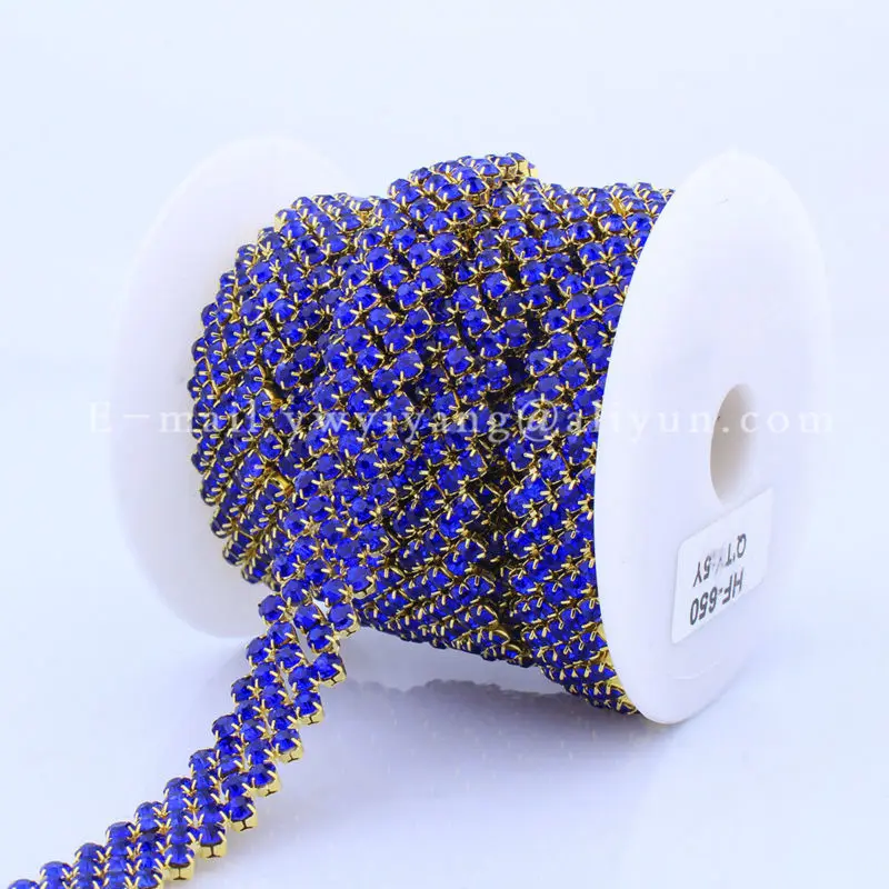 

5Yards Sapphire Rhinestone Chains Trimming Applique for Bridal Dress Sash Handband Gold base Metal Decoration For Garment HF-650