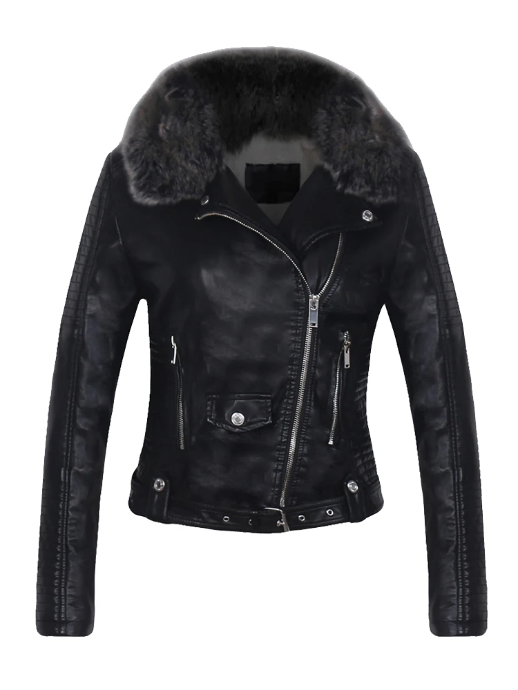 

Aoottii Winter Women Thick Warm Pu Faux Leather Jacket with Belt Large Fur Collar Moto Biker Female Black Coat Ladies Outwear